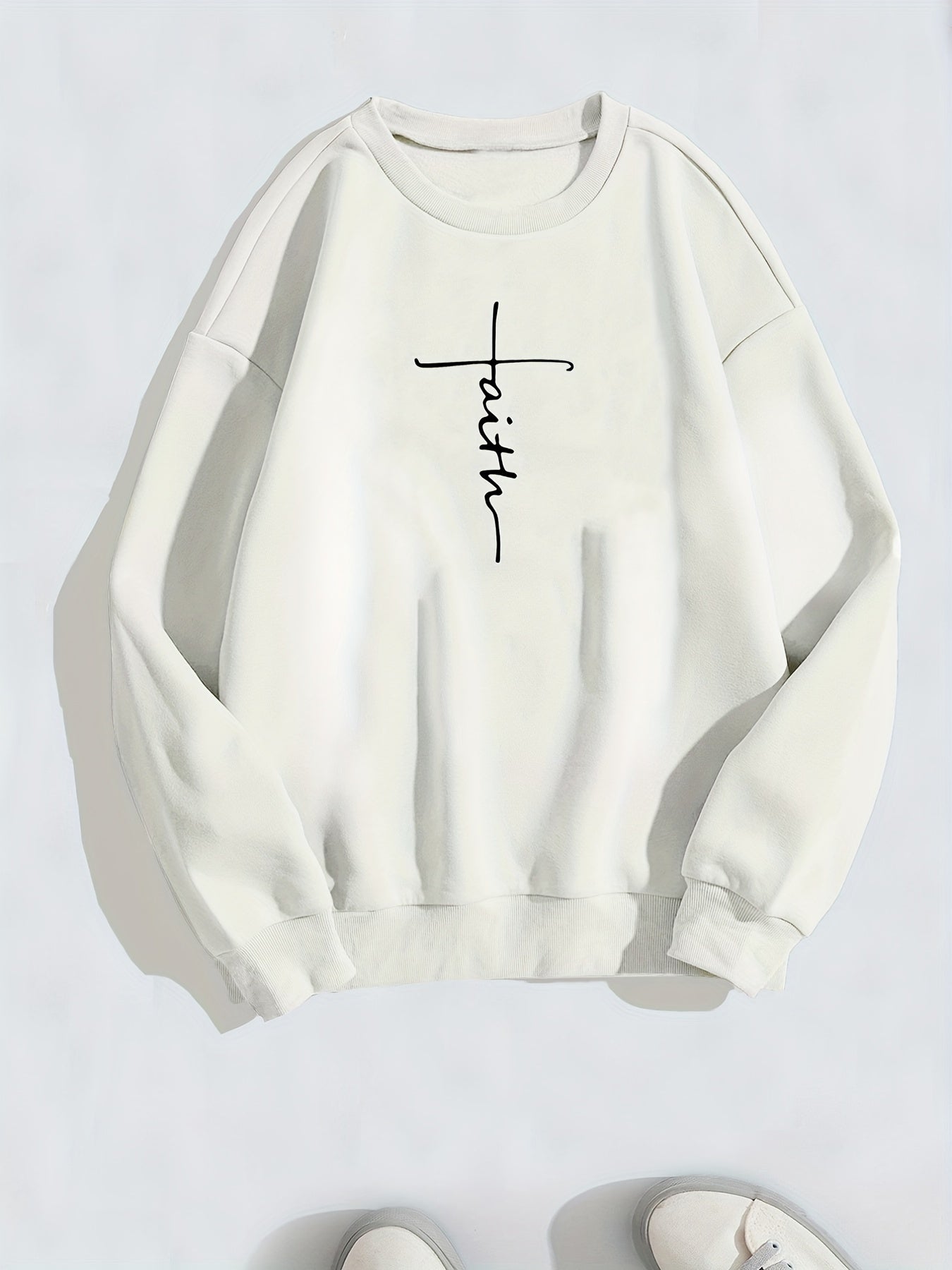 Faith Letter Print Sweatshirt Crew Neck Long Sleeve Women's Clothing