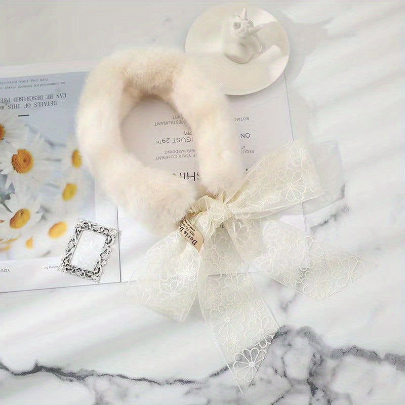 Rabbit Fur Neck Scarf Lace Small Scarf Bow Tie Solid Warm For Women