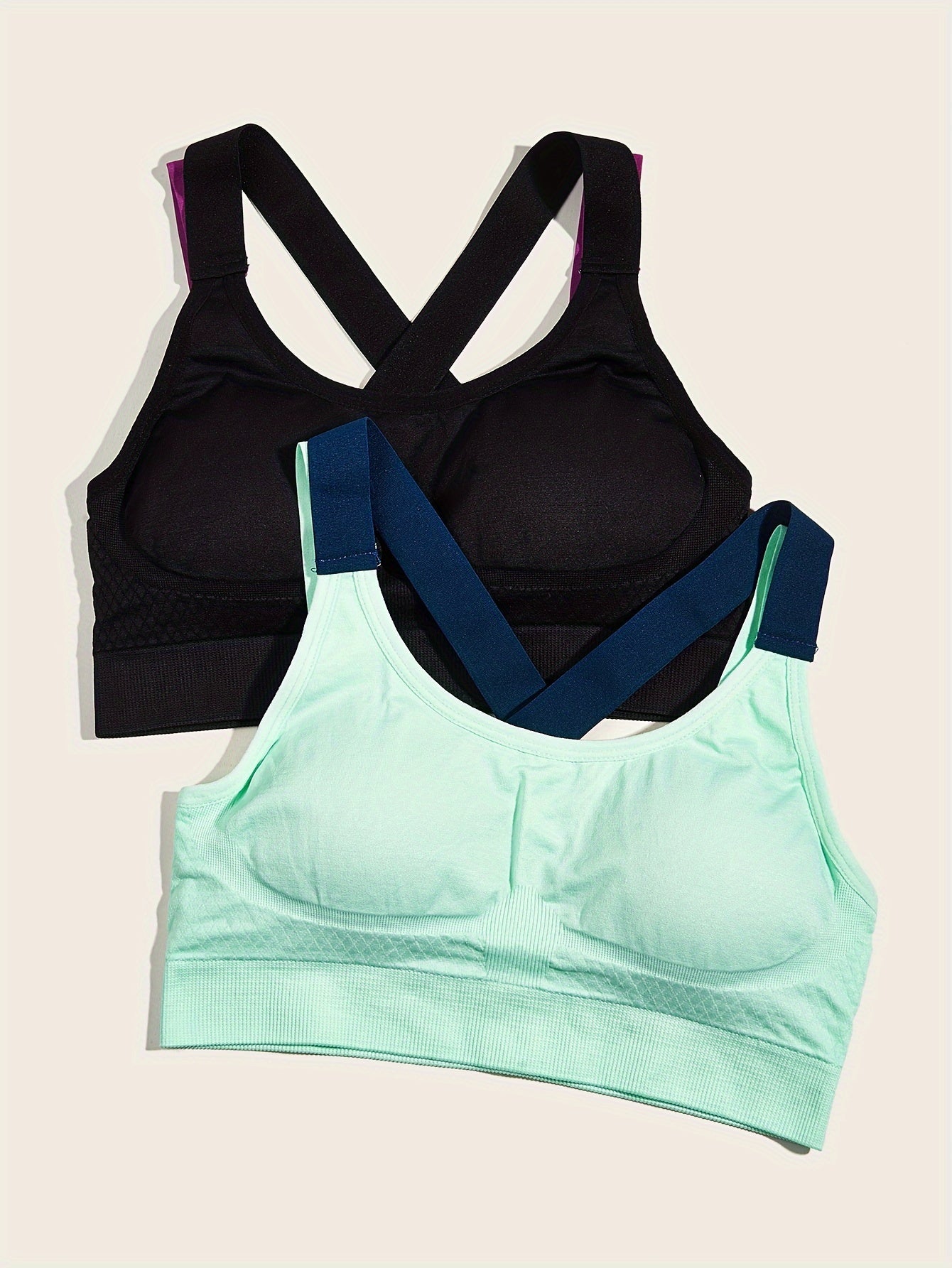 2pcs Cross Back Sports Bra Comfy Workout Colorblock Bra Women's Lingerie