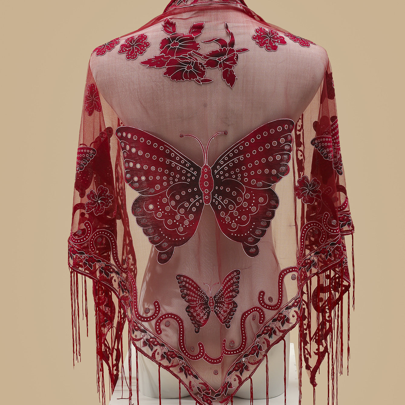 Triangle Scarf Butterfly Flower Embroidery Lace Tassel Shawl