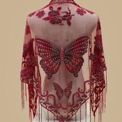 Triangle Scarf Butterfly Flower Embroidery Lace Tassel Shawl
