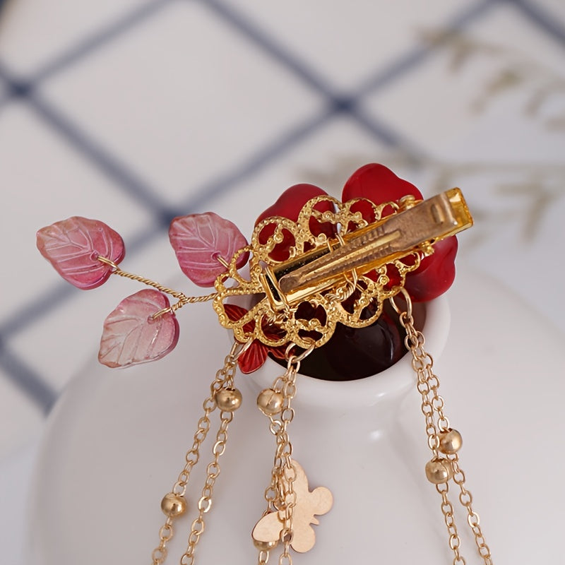 Red Floral Hair Clips Crystal Tassel Hairpin Festive Accessories