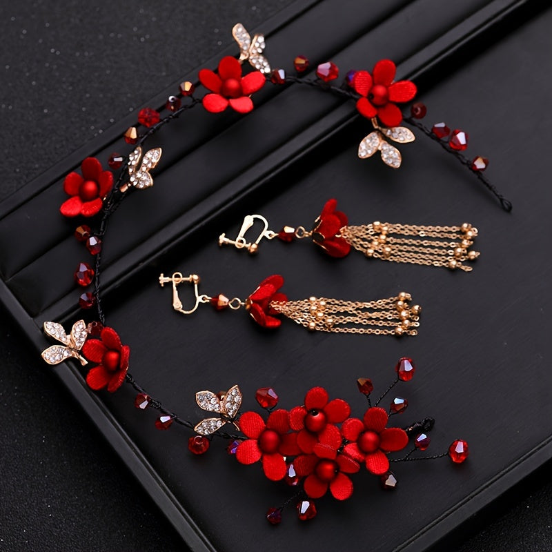 Red Flowers Headband Hairpins Clip Earring Set Chinese Style Bridal Wedding