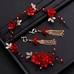 Red Flowers Headband Hairpins Clip Earring Set Chinese Style Bridal Wedding