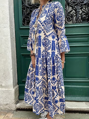  Geometric Print Bell Sleeve Maxi Dress