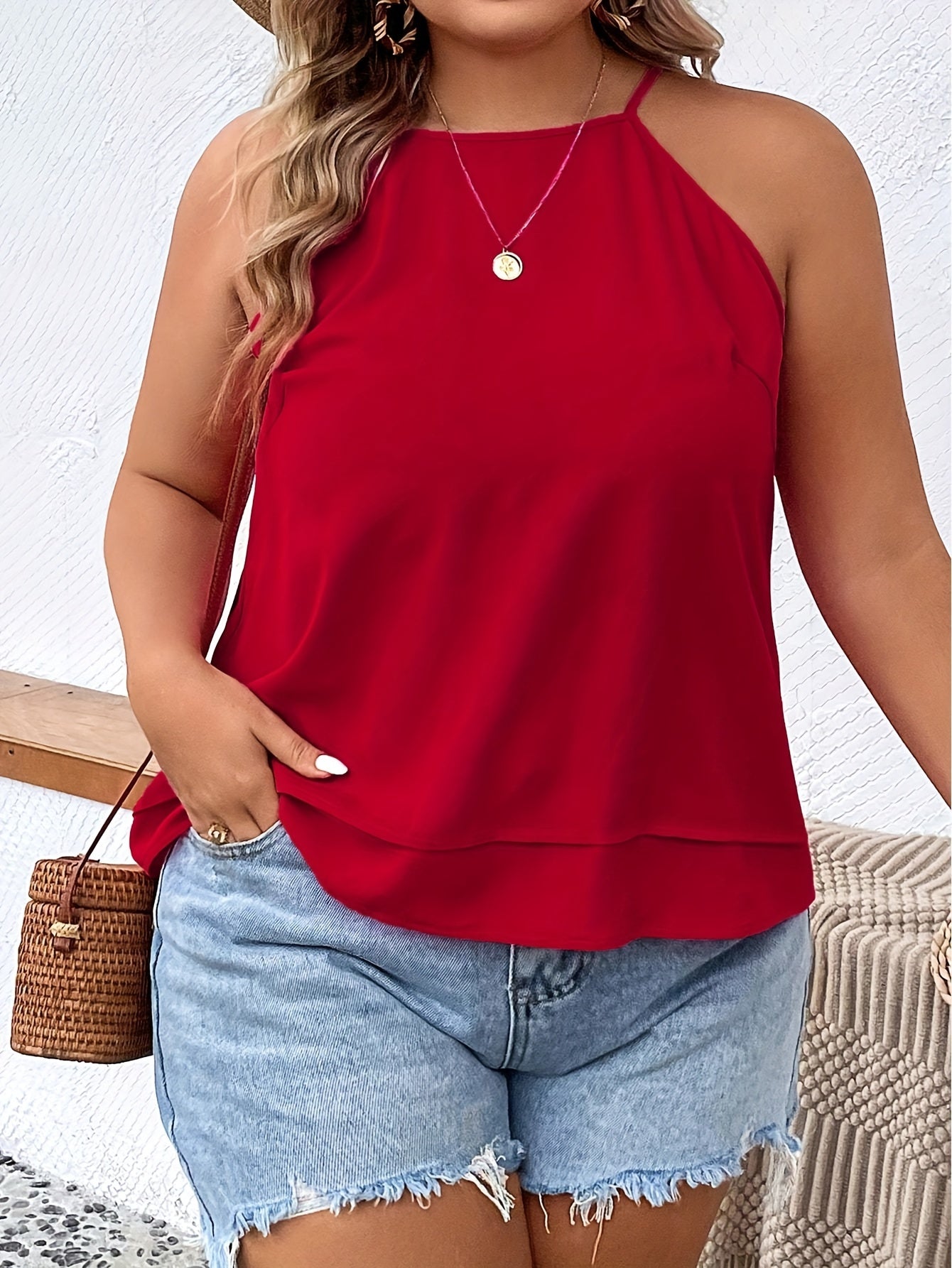  Casual Cami Top Solid Keyhole Back Slight Stretch Cami