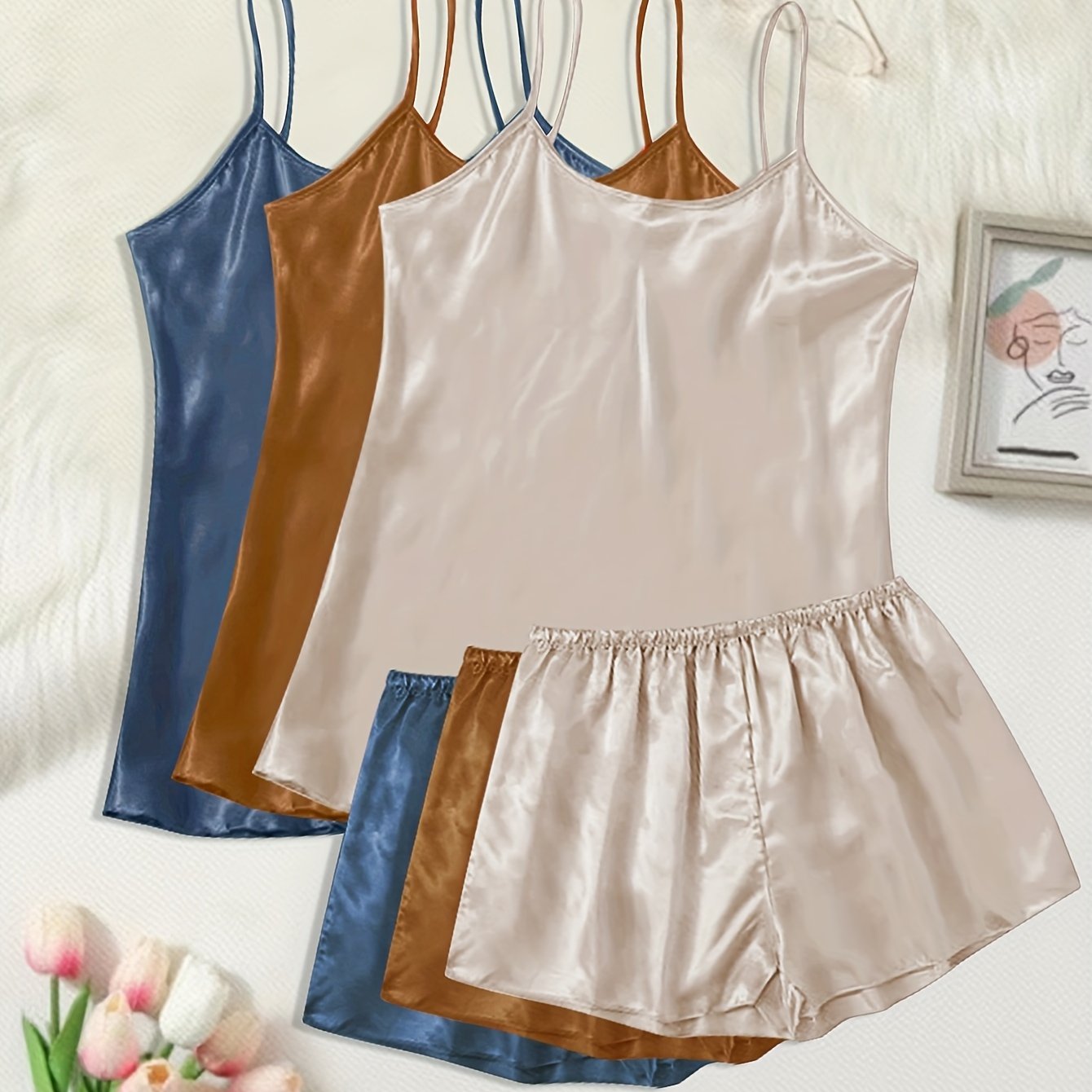 6 Pcs Plus Size Satin Cami Top & Shorts Pajamas Set