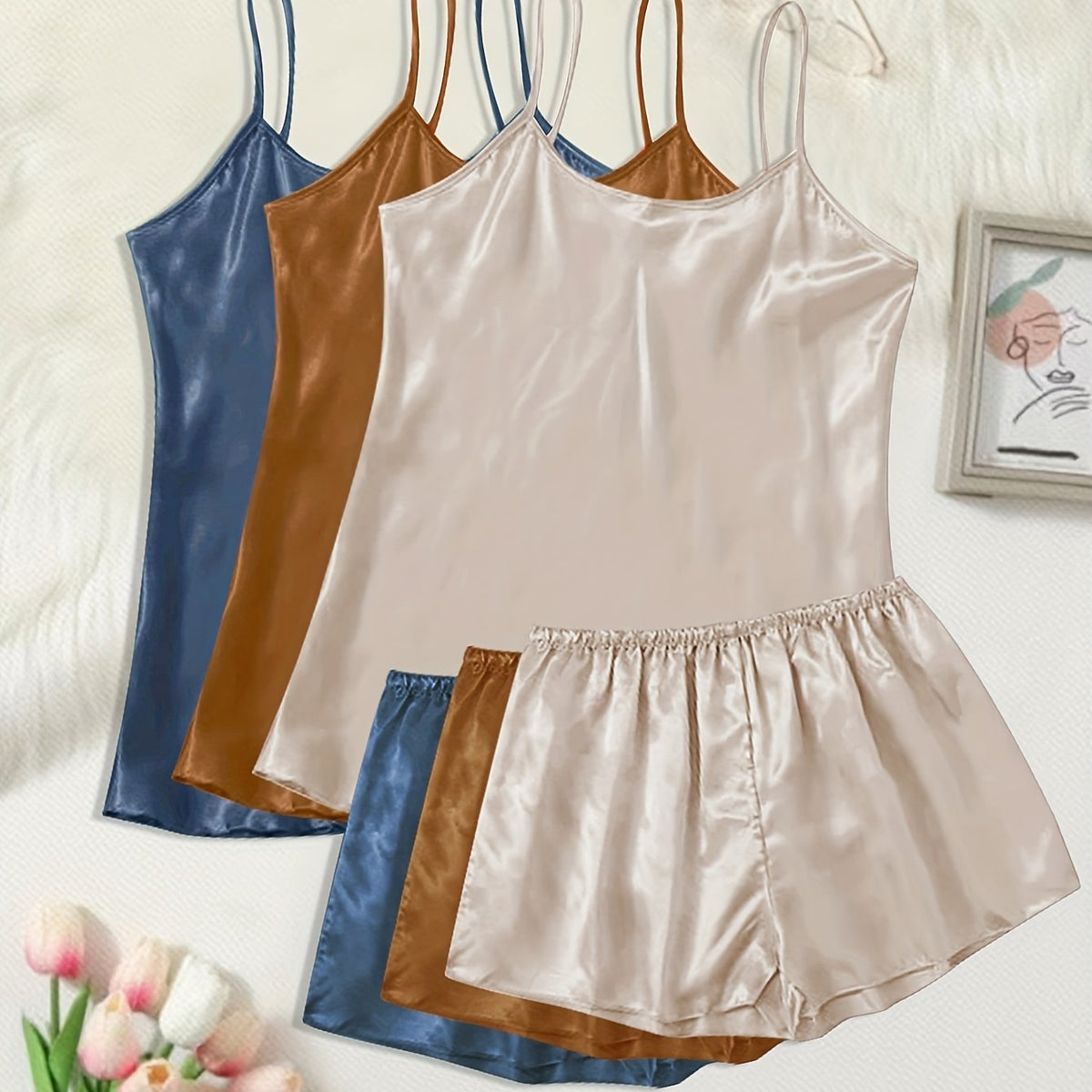 6 Pcs Plus Size Satin Cami Top & Shorts Pajamas Set