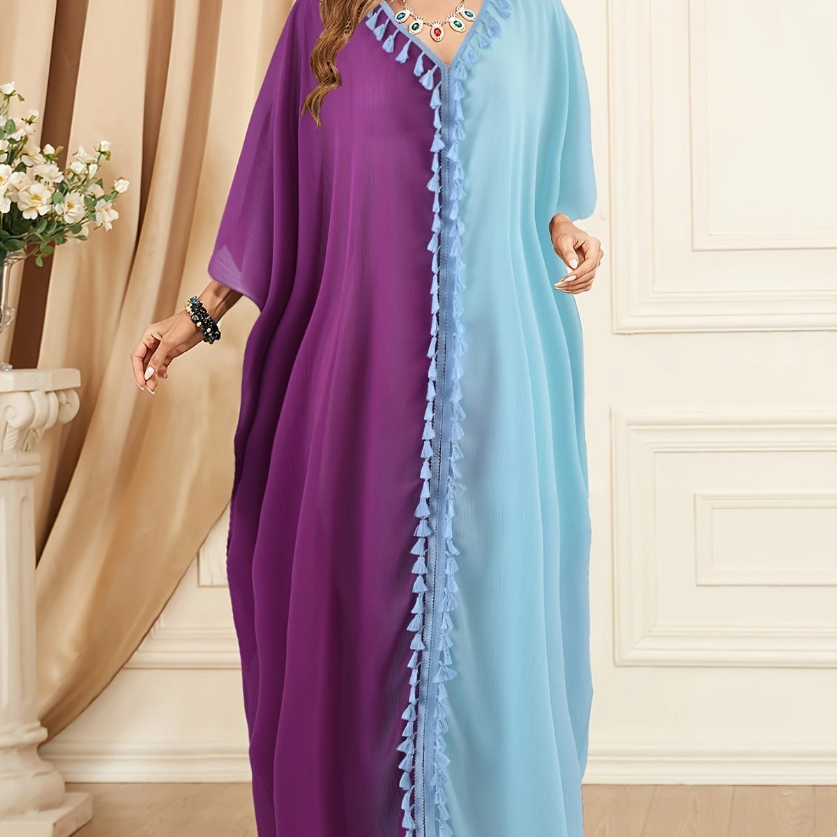  Casual Kaftan Dress Women's Plus Colorblock Tassel Trim Maxi Jalabiya