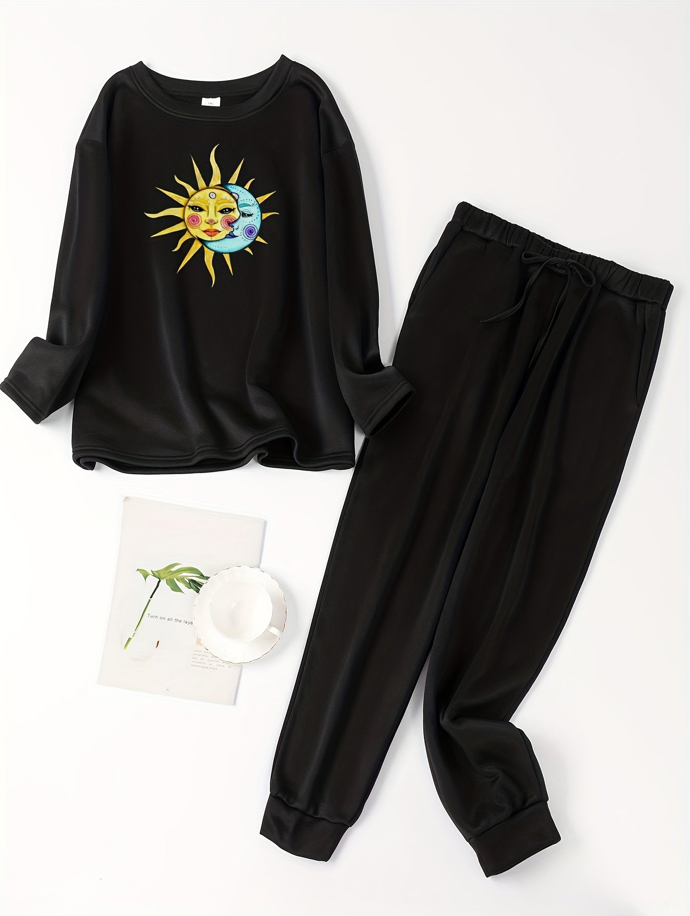  Sun & Moon Print Fleece Tee & Jogger Pants Pajama Set