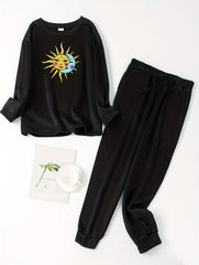  Sun & Moon Print Fleece Tee & Jogger Pants Pajama Set