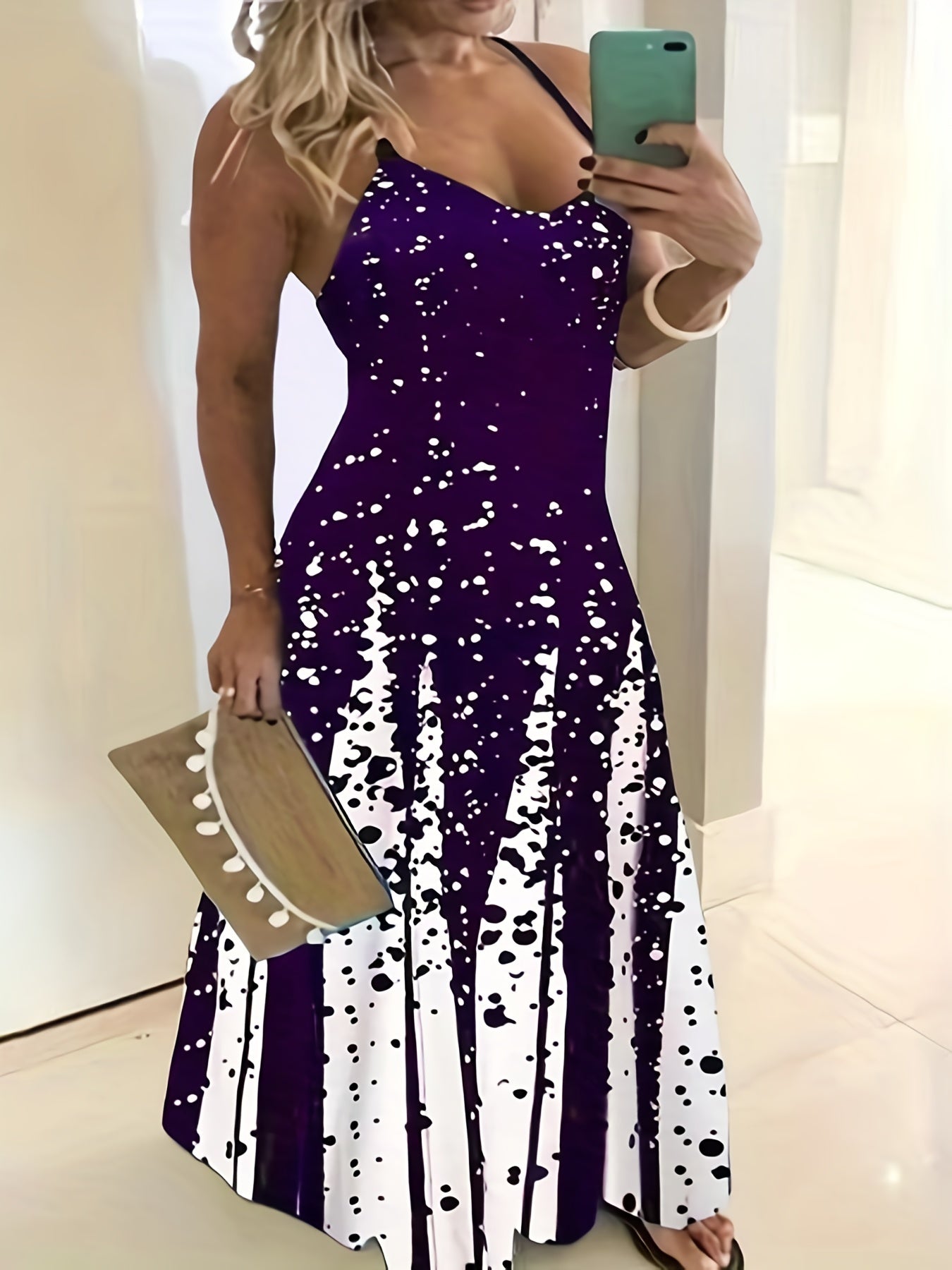  Colorblock Dot Print Maxi Dress