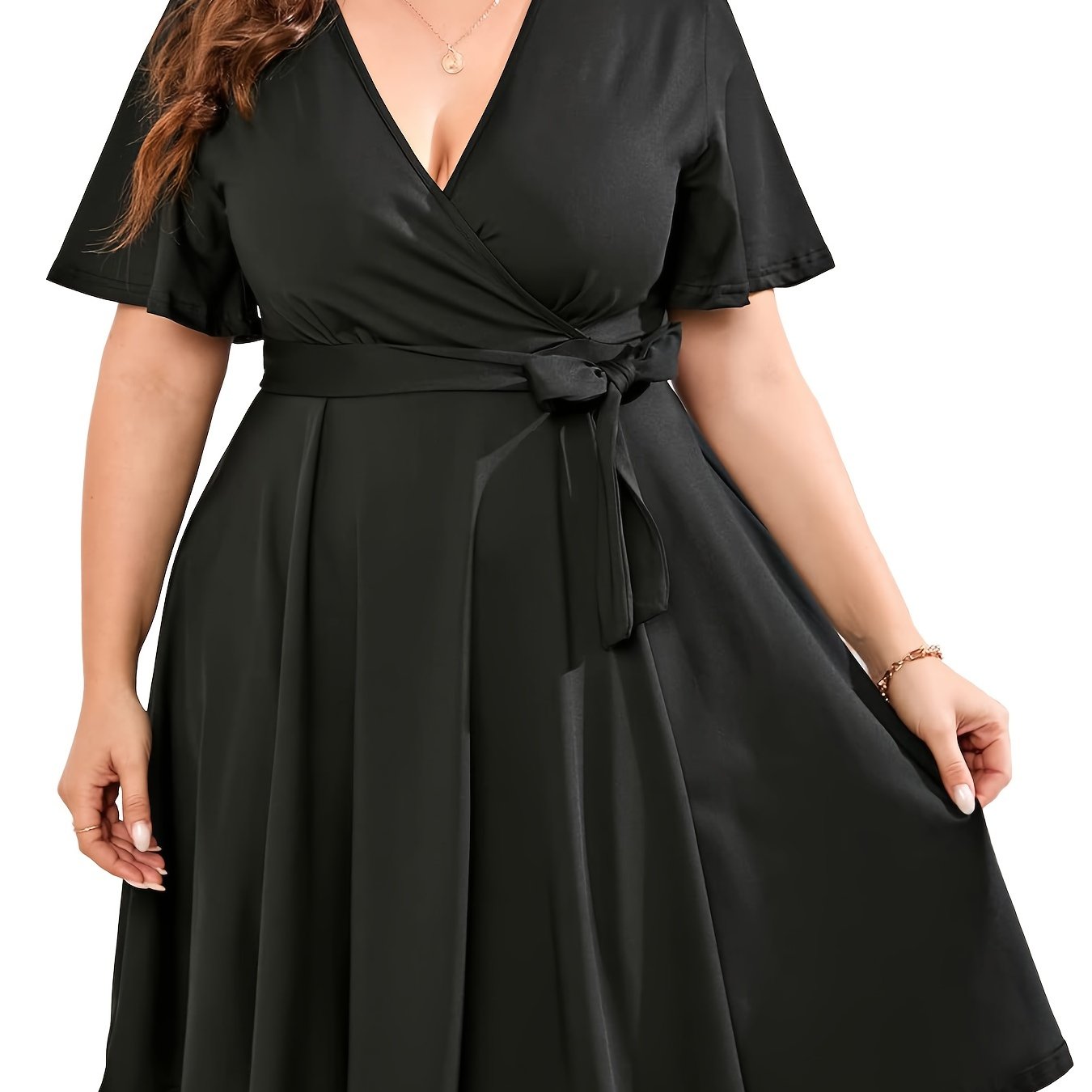  Solid Butterfly Sleeve Knee Length Dress With Pockets