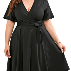  Solid Butterfly Sleeve Knee Length Dress With Pockets