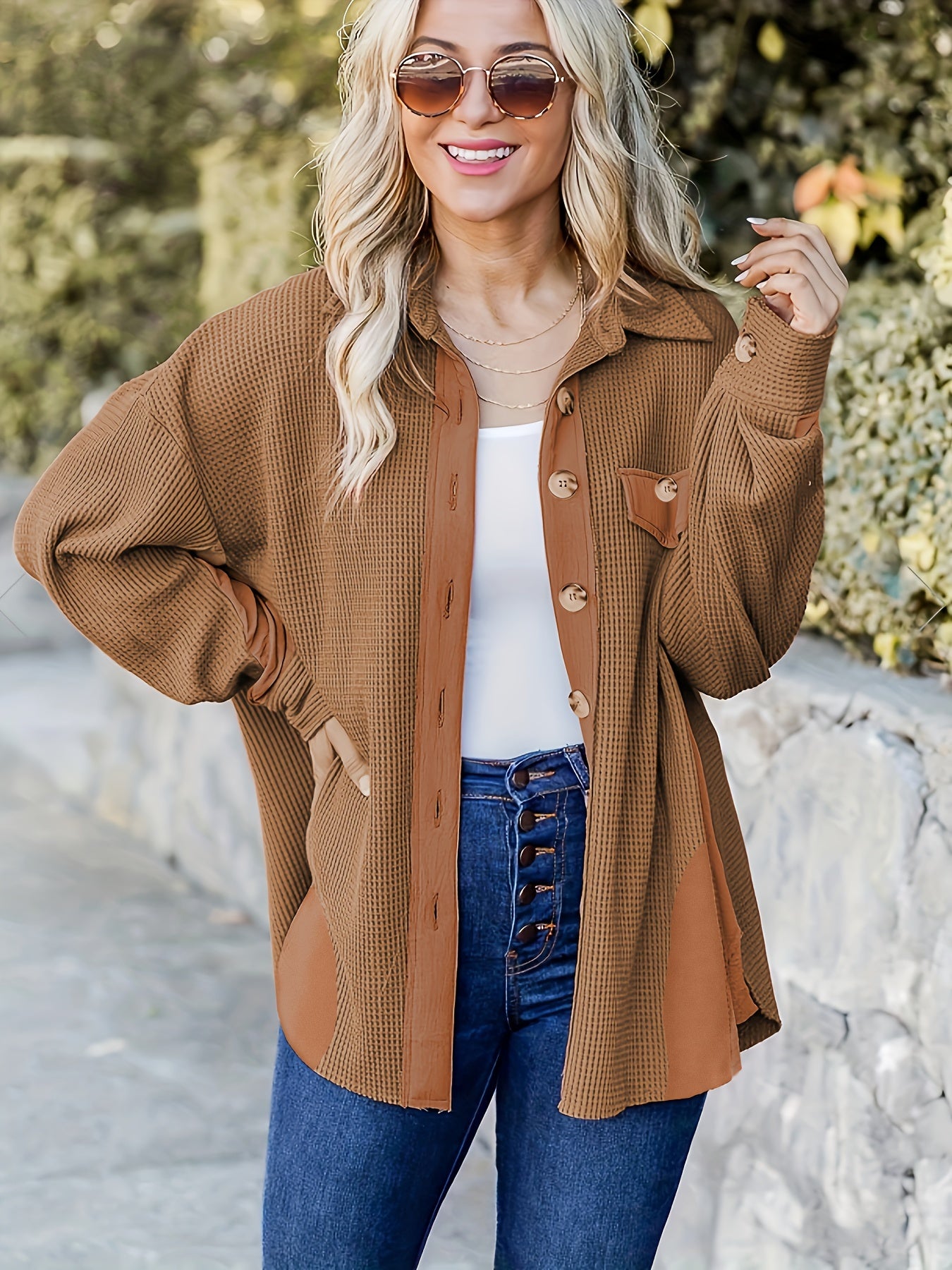  Colorblock Waffle Long Sleeve Button Up Shirt Top