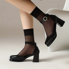 Women's Chunky Heels Pearl Strap Pumps Faux Leather