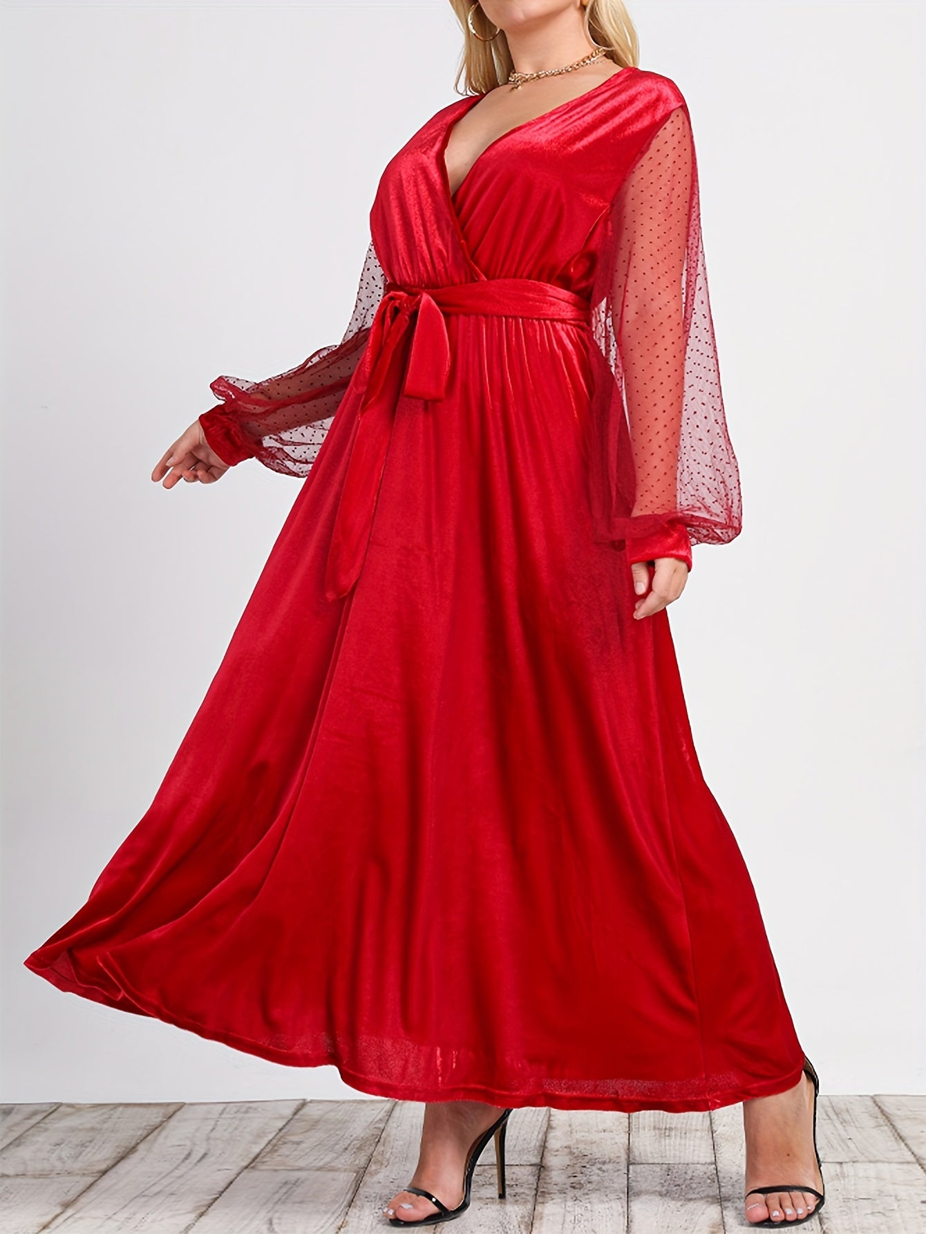  Sexy Dress Women's Solid Mesh Dot Lantern Sleeve Maxi Dress