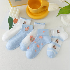 5 Pairs Heart Print Socks Crew Short Stockings for Women