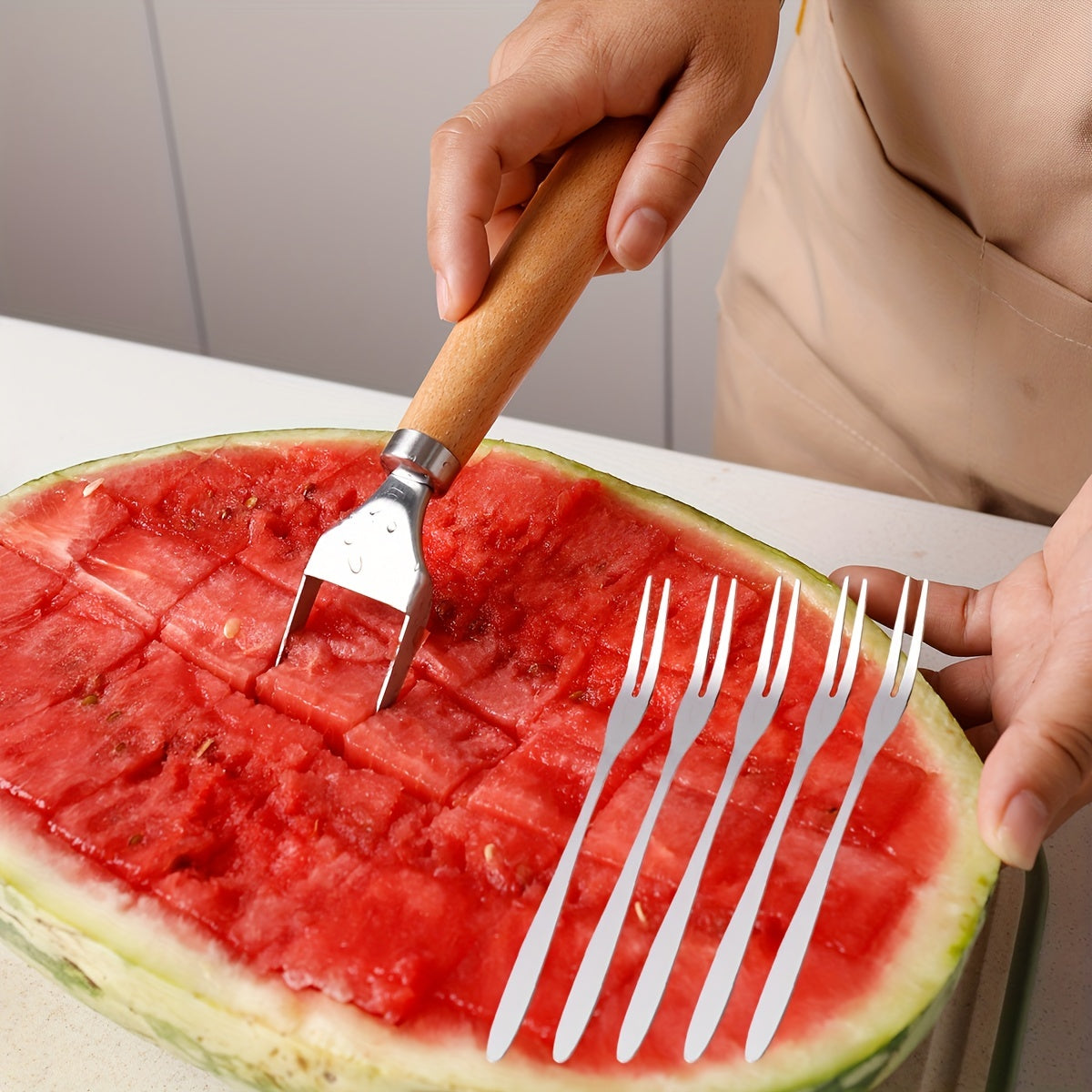 6pcs Watermelon Slicer Set with 5 Forks - Stainless Steel Cutter and Divider