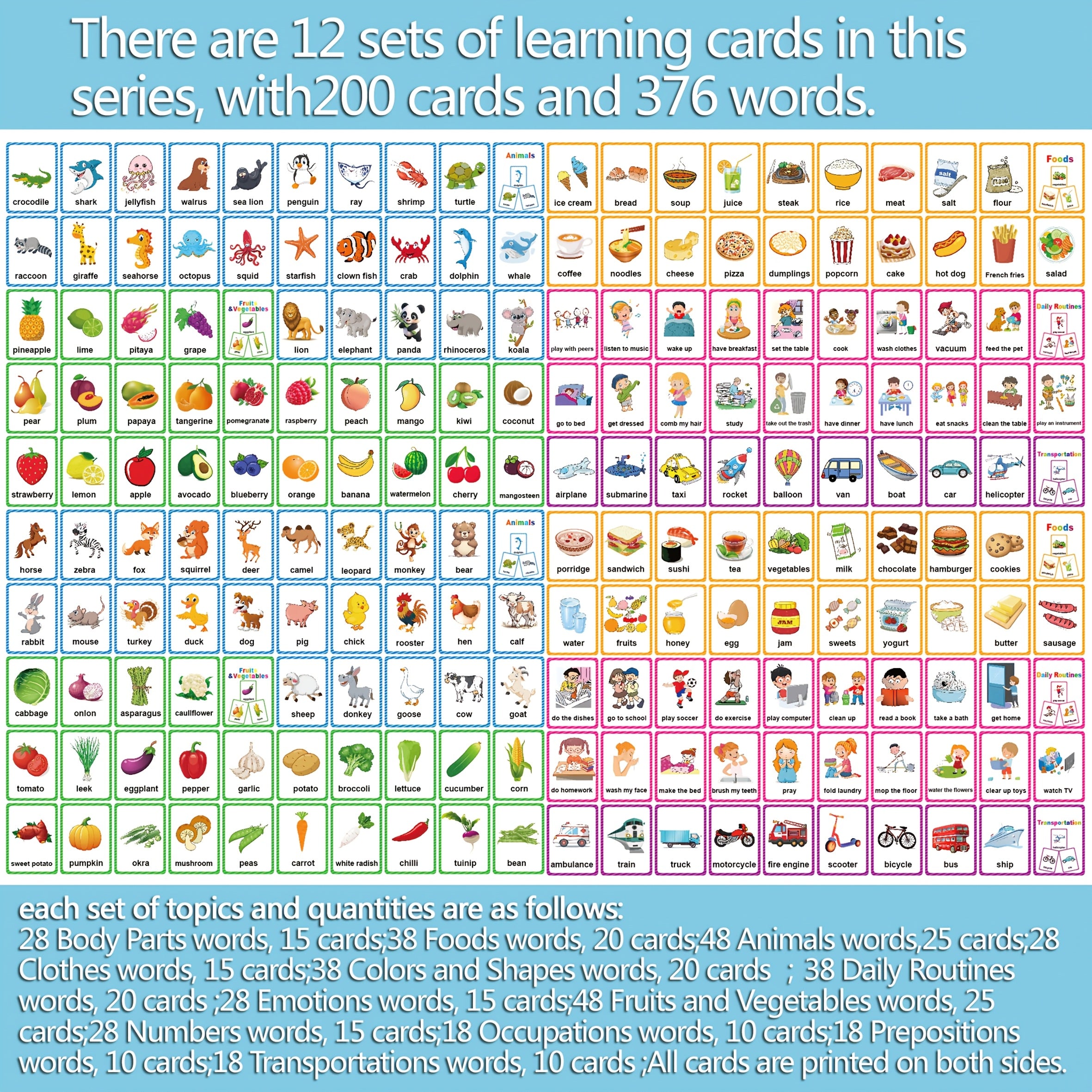 205 Colorful Learning Flashcards - High Frequency Words Vocabulary Building