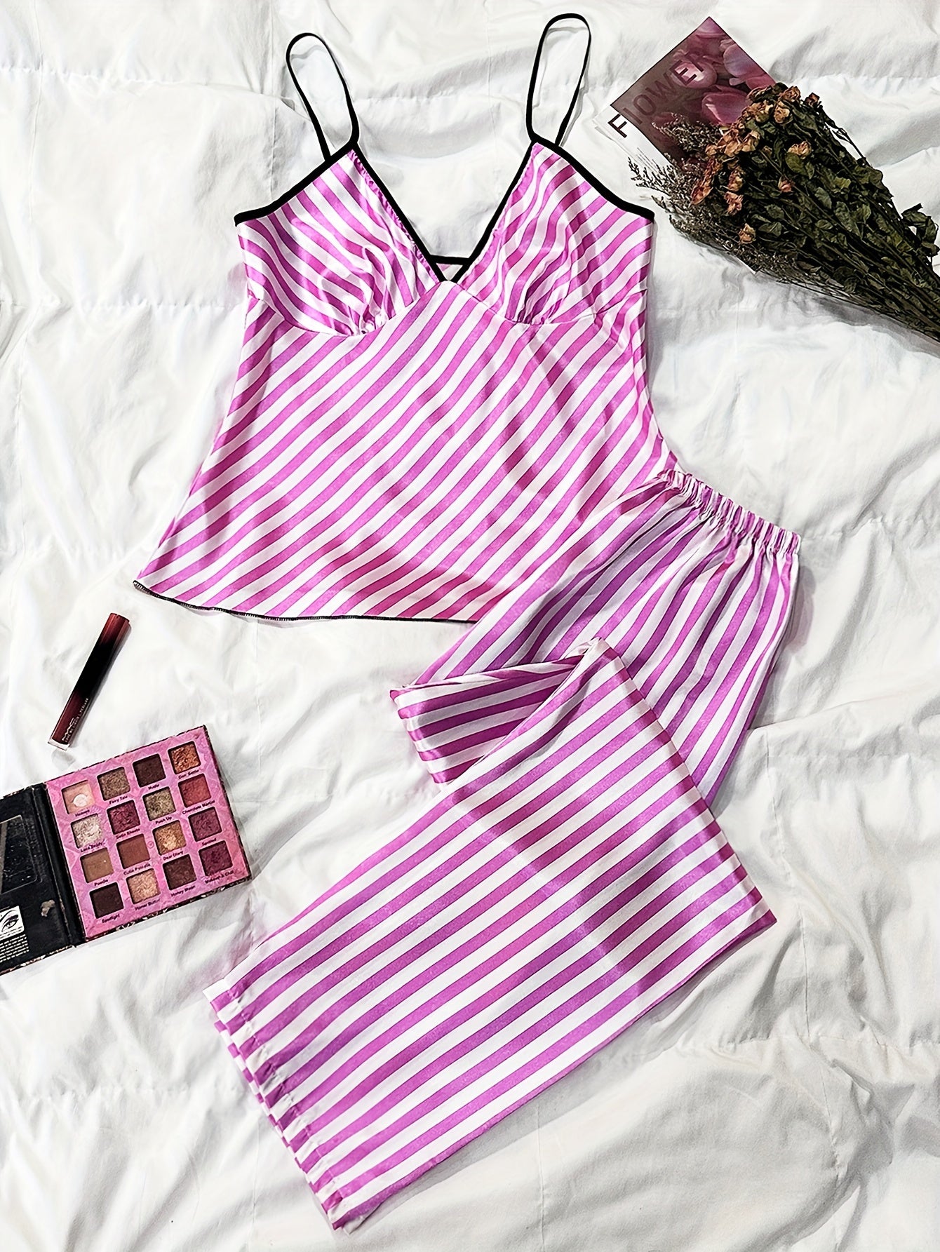 Stripe Print Pajama Set V Neck Cami Top & Pants Women's Loungewear