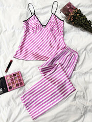 Stripe Print Pajama Set V Neck Cami Top & Pants Women's Loungewear