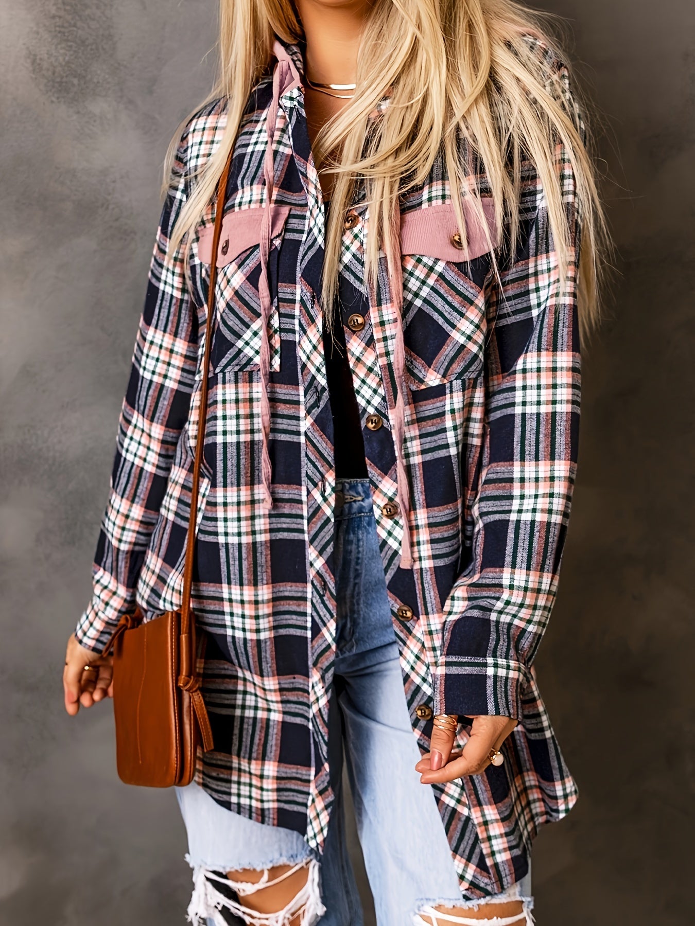  Plaid Print Button Up Long Sleeve Hooded Shacket