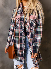  Plaid Print Button Up Long Sleeve Hooded Shacket