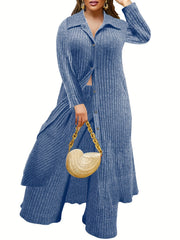  Ribbed Button Up Long Sleeve Polo Neck Blouse & Pants Set
