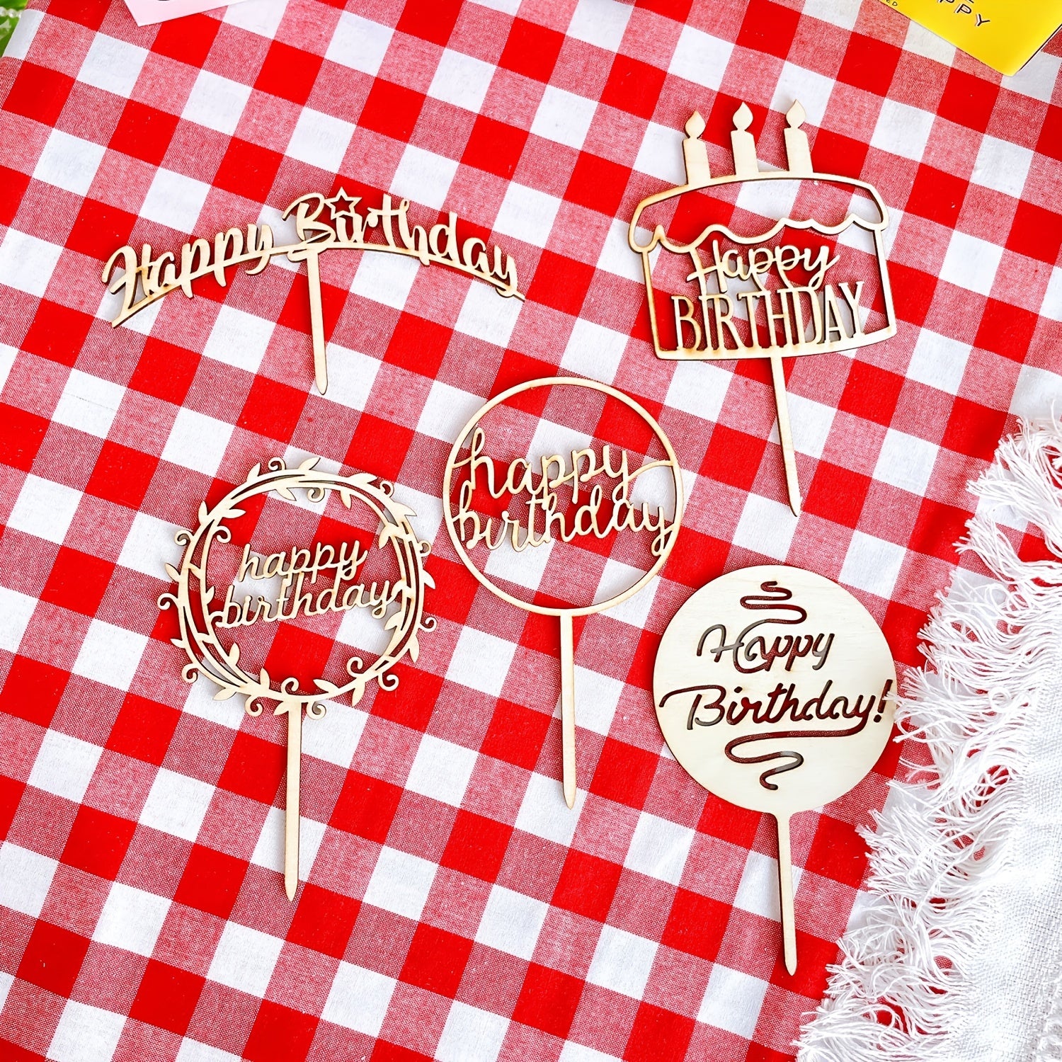 Wooden Cake Decor Party Tassel Stand Cake Sticker