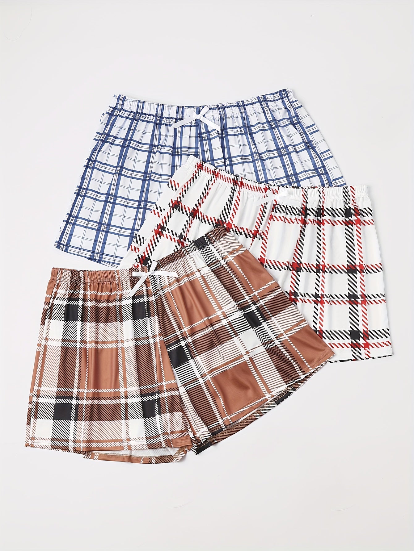  Plaid Print Bow Front Lounge Shorts 3pcs Set