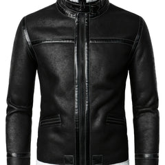 Men's Warm Fleece PU Jacket with Stand Collar for Fall Winter