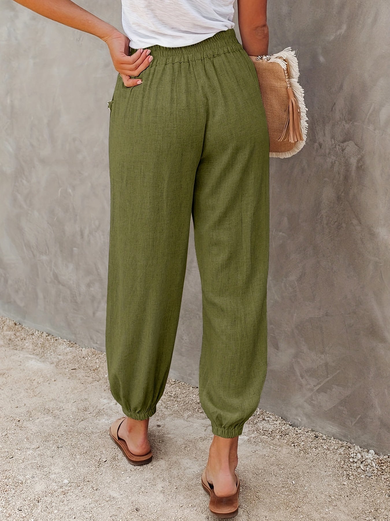 Ruched Pants Elastic High Waist Cropped Pants With Pockets