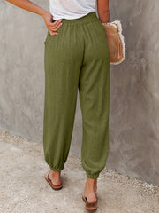 Ruched Pants Elastic High Waist Cropped Pants With Pockets