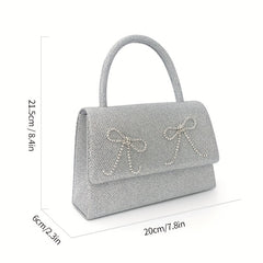 Rhinestone Bow Chain Satchel Bag Textured PU Flap Celebrity Evening Bag