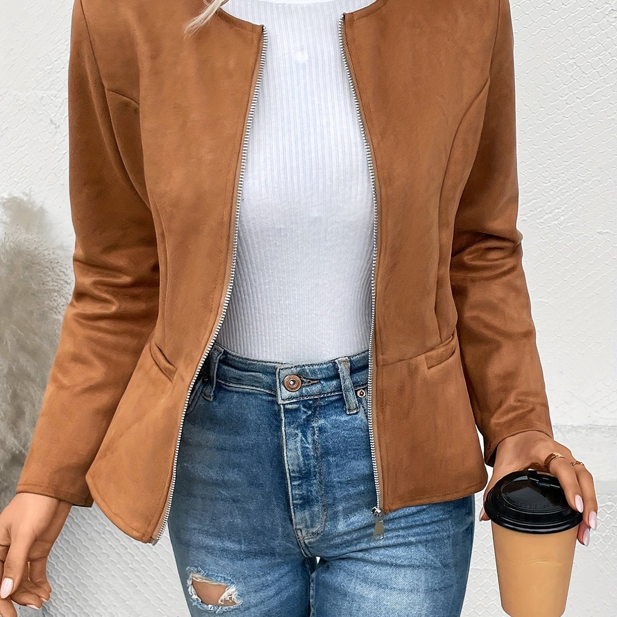 Solid Zip Up Jacket Casual Long Sleeve Crew Neck Outerwear