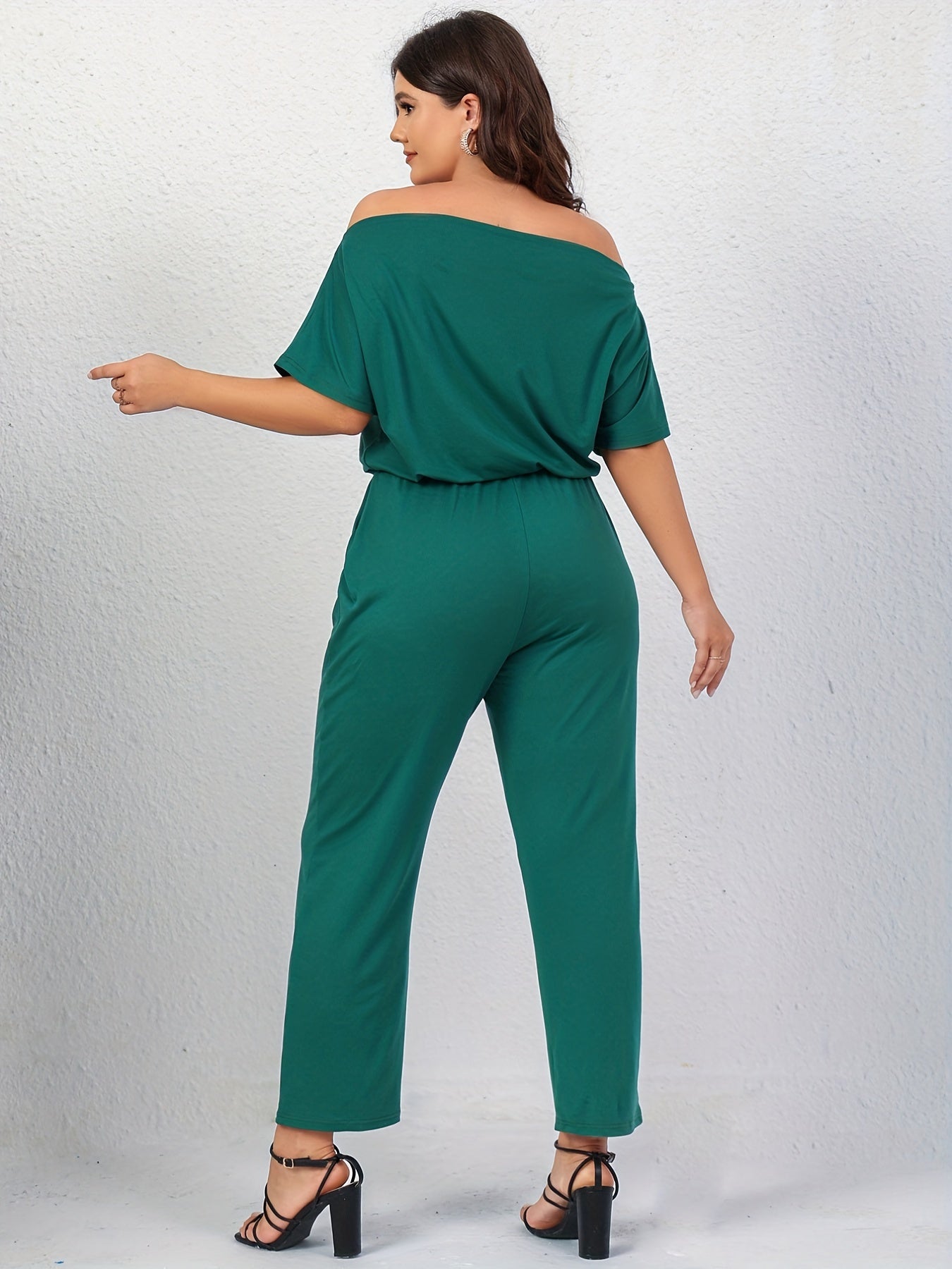  Solid Off Shoulder Short Sleeve Jumpsuit