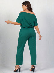  Solid Off Shoulder Short Sleeve Jumpsuit