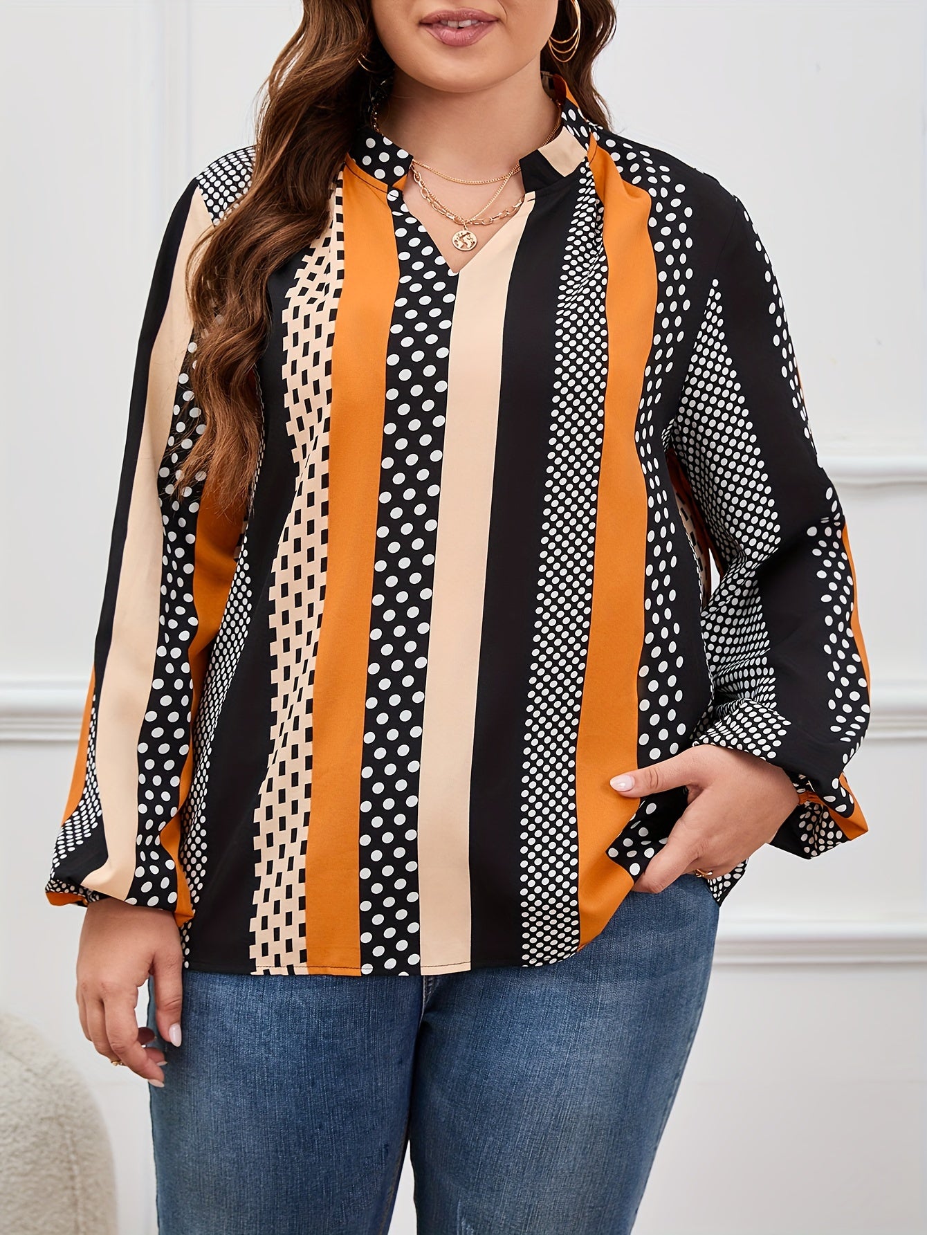  Dot Print Lantern Sleeve V Neck Blouse