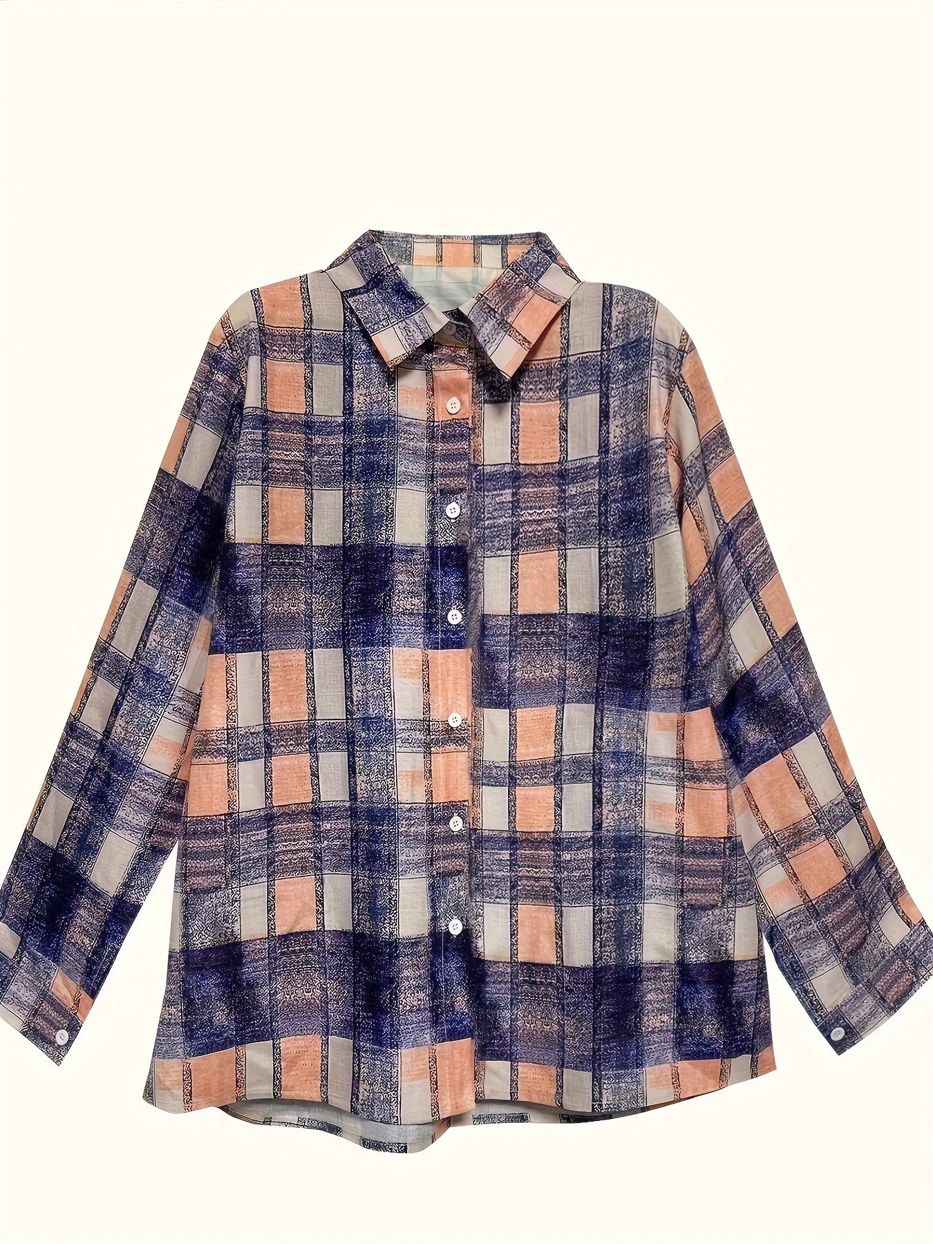  Plaid Print Button Up Long Sleeve Blouse