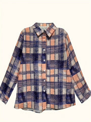  Plaid Print Button Up Long Sleeve Blouse