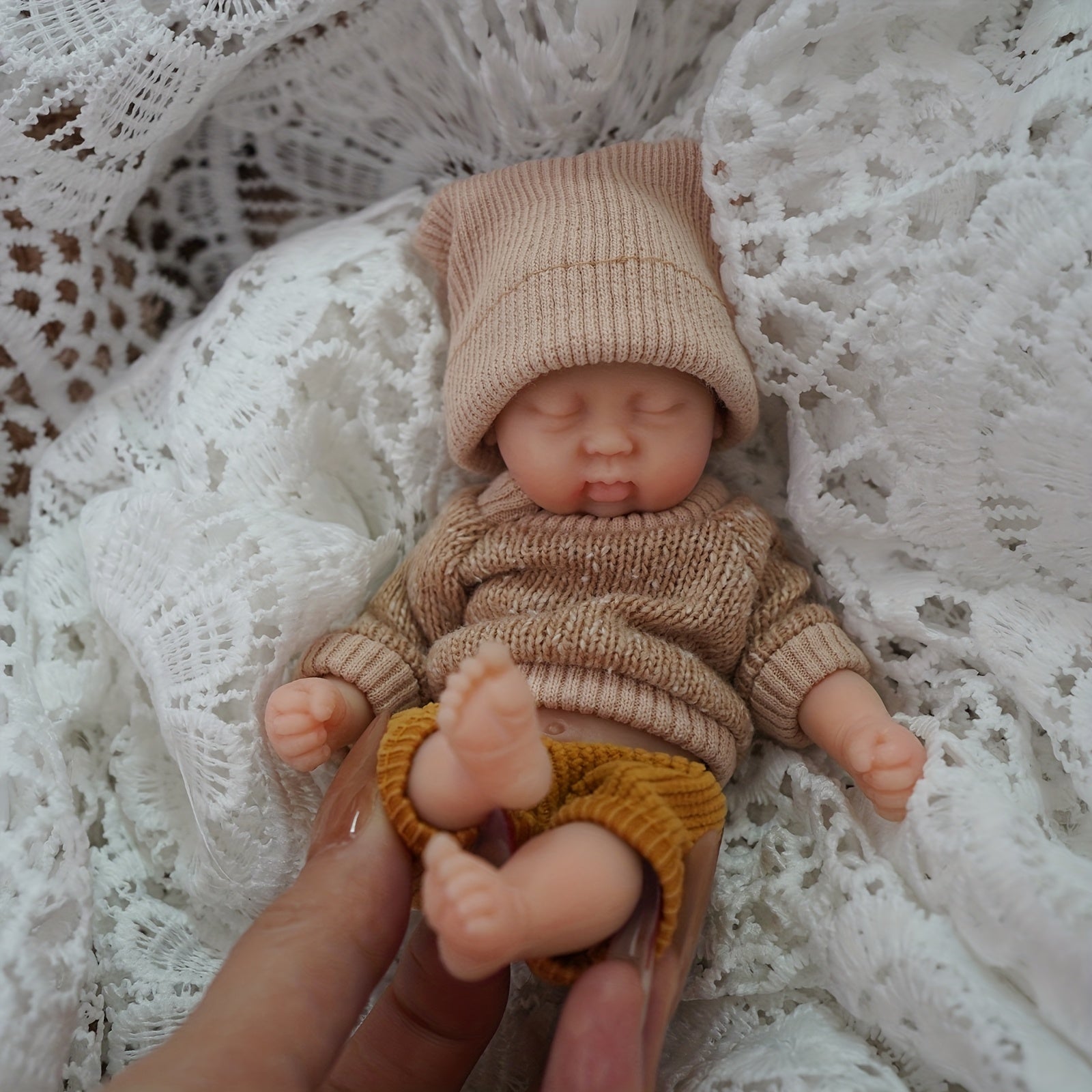 6 Inch Mini Reborn Doll with Hand Painted Light Beige Washable Silicone Body