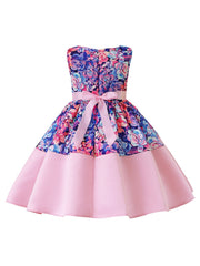 Girls Elegant Floral Print Sleeveless Dress with Bow