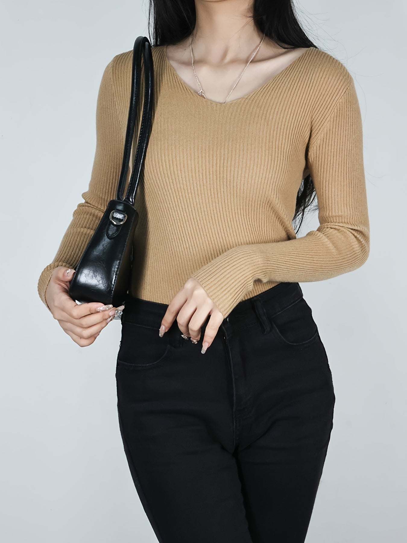 Solid V Neck Sweater Long Sleeve Casual Tops for Women