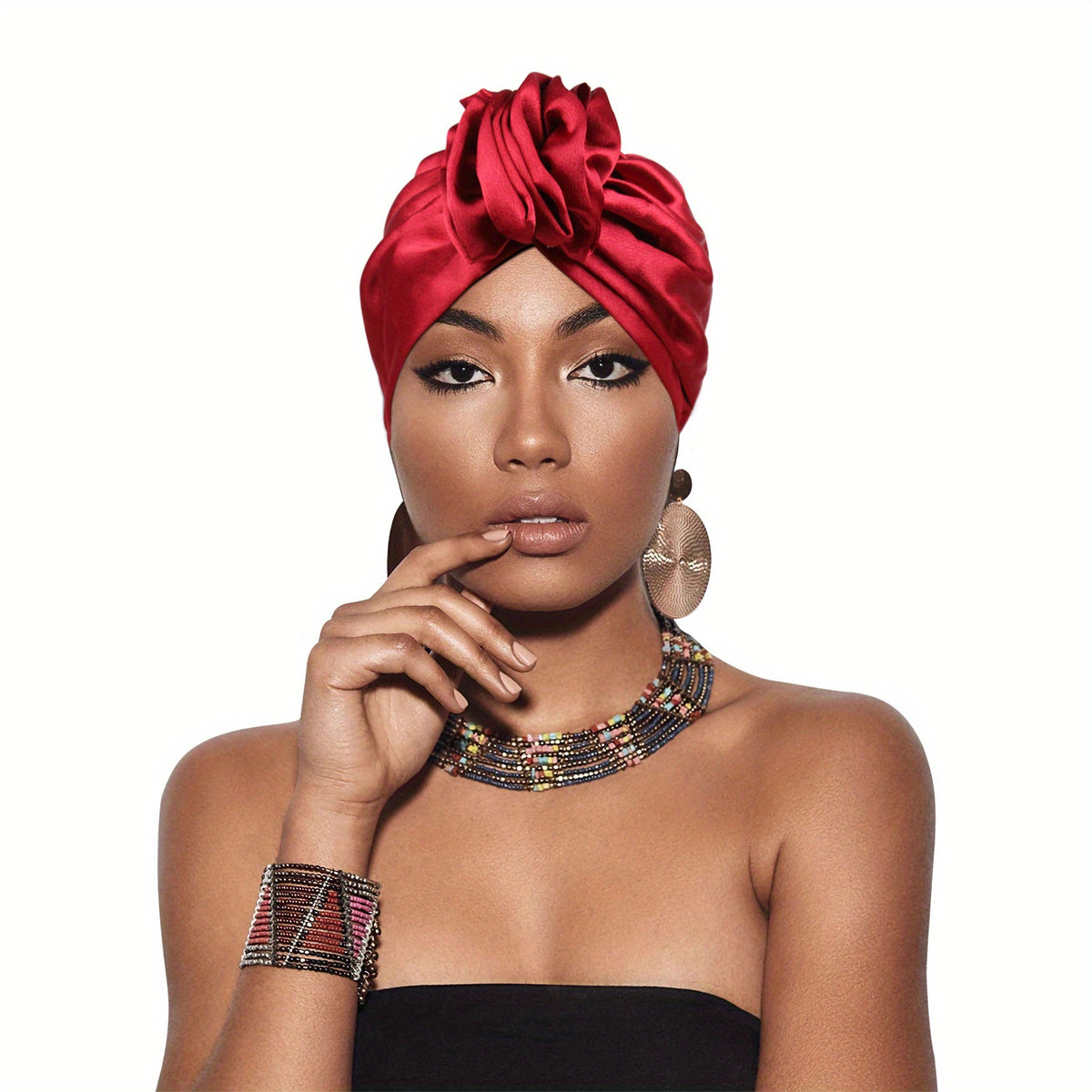 Satin Flower Elastic Turban Cap Soft Head Wrap Women Ramadan Beanie