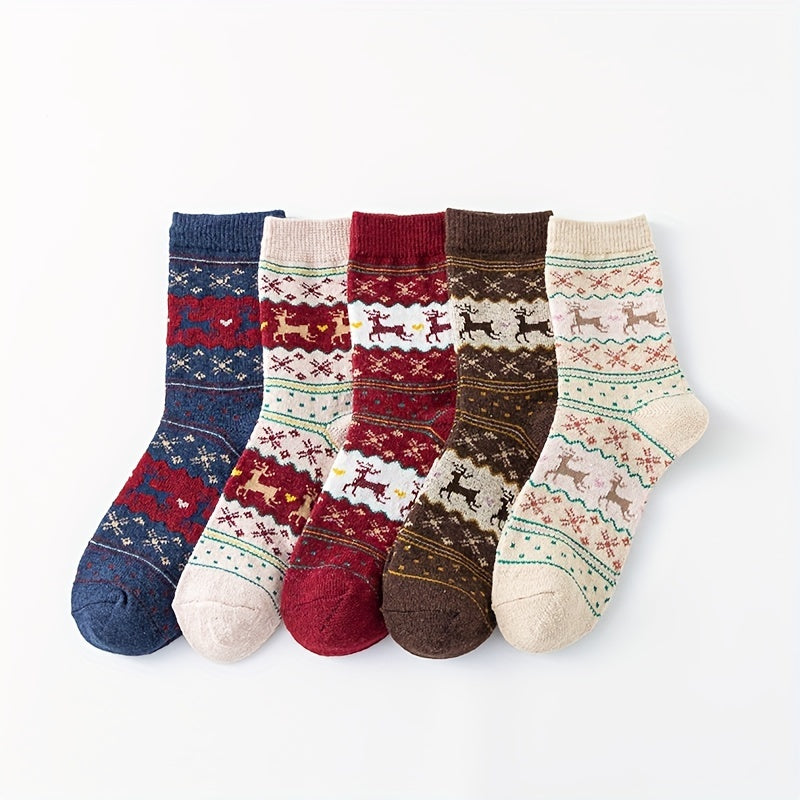 5 Pairs Christmas Elk Print Socks Warm Mid Tube Stockings
