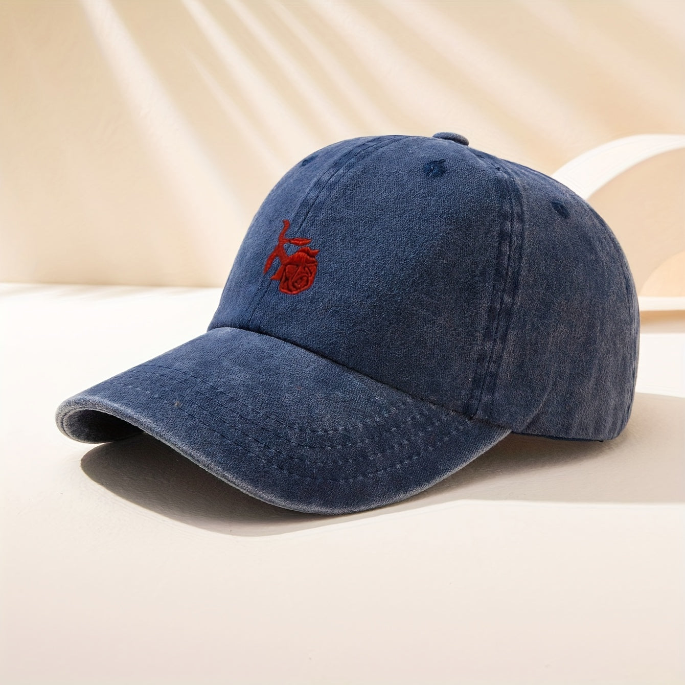 Red Rose Embroidery Baseball Cap Washed Distressed Sports Hat
