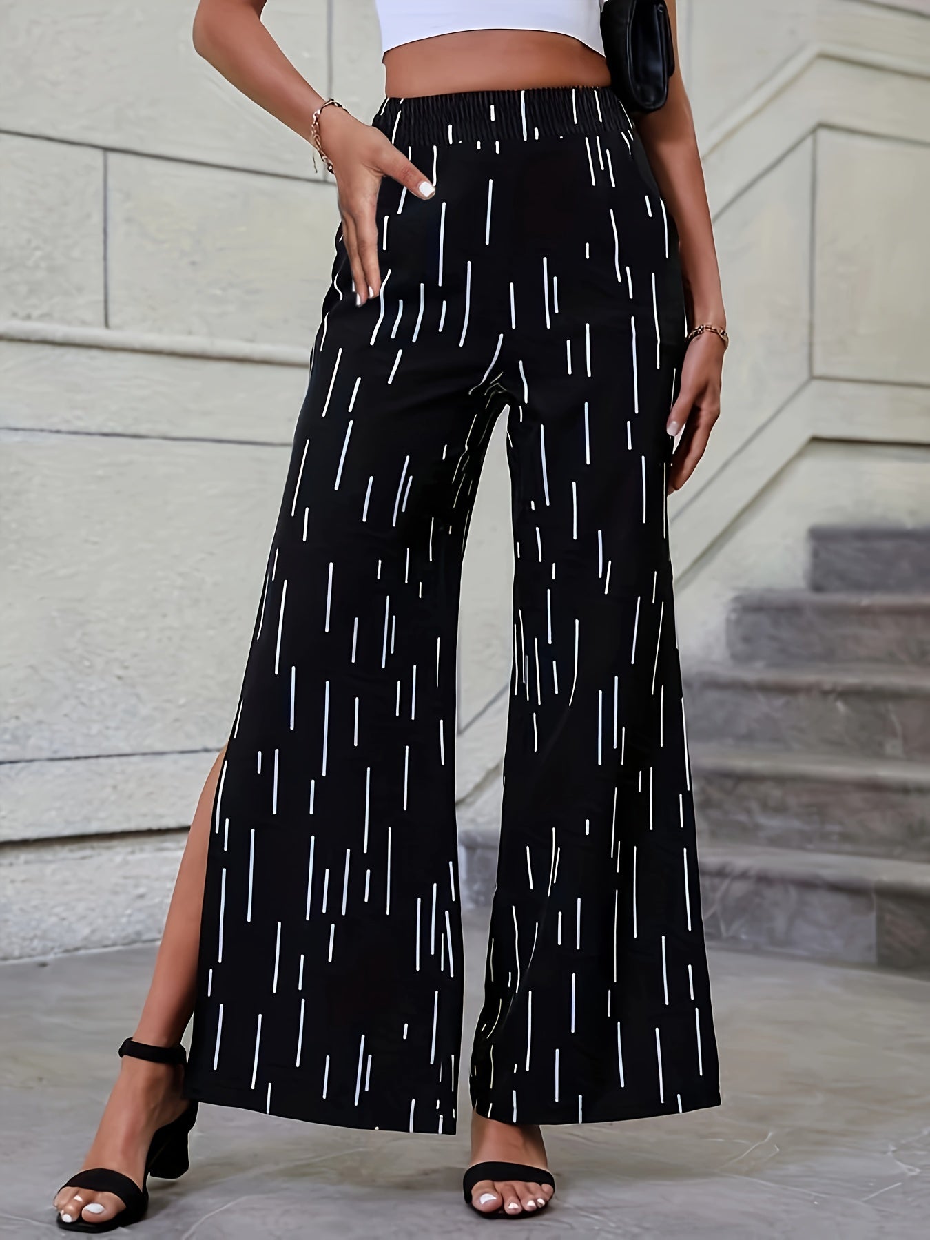  Striped Wide Leg Elastic Waist Trousers