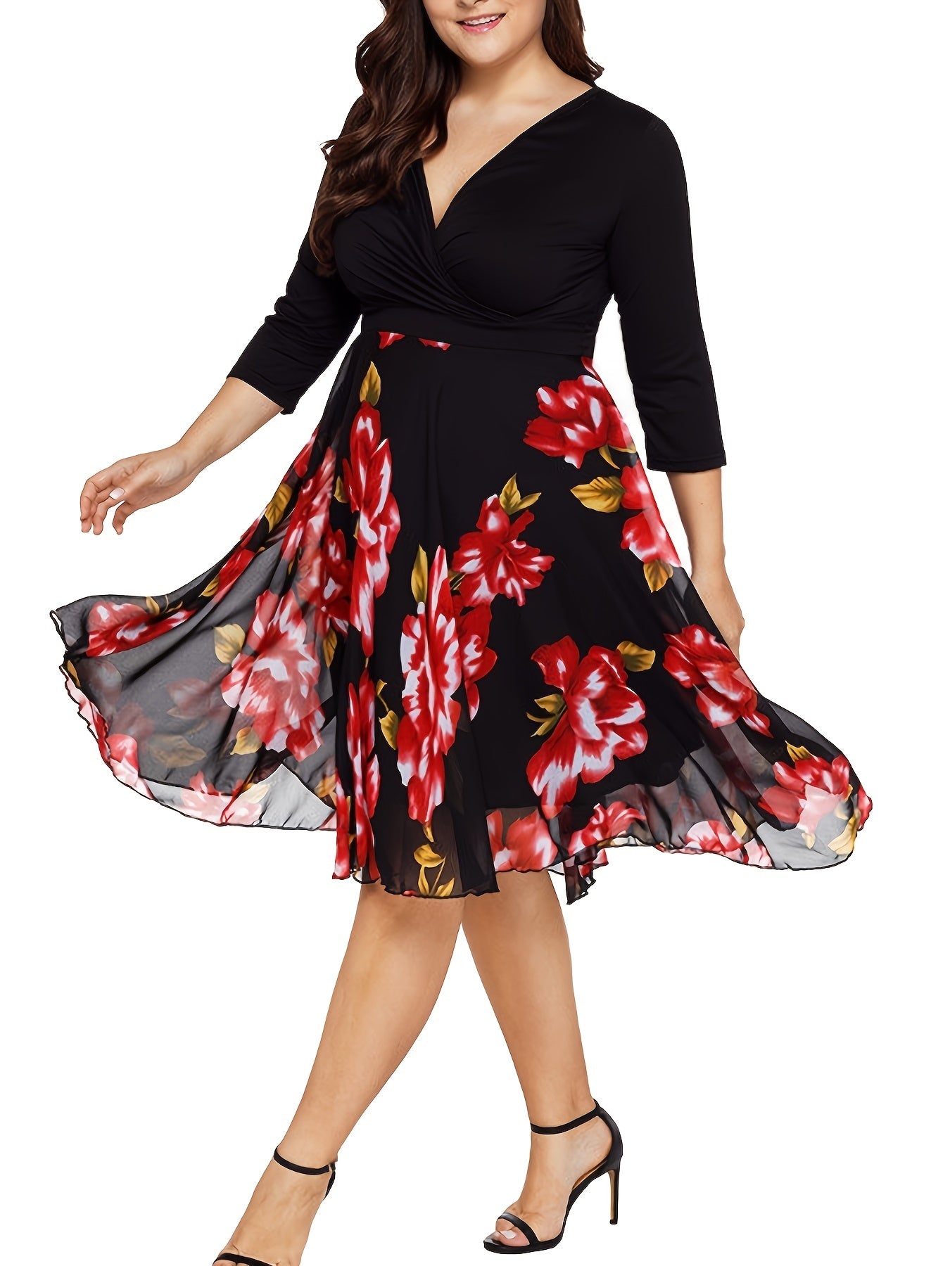  Casual Dress Women's Plus Contrast Mesh Floral Print Half Sleeve Surpl