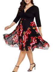  Casual Dress Women's Plus Contrast Mesh Floral Print Half Sleeve Surpl